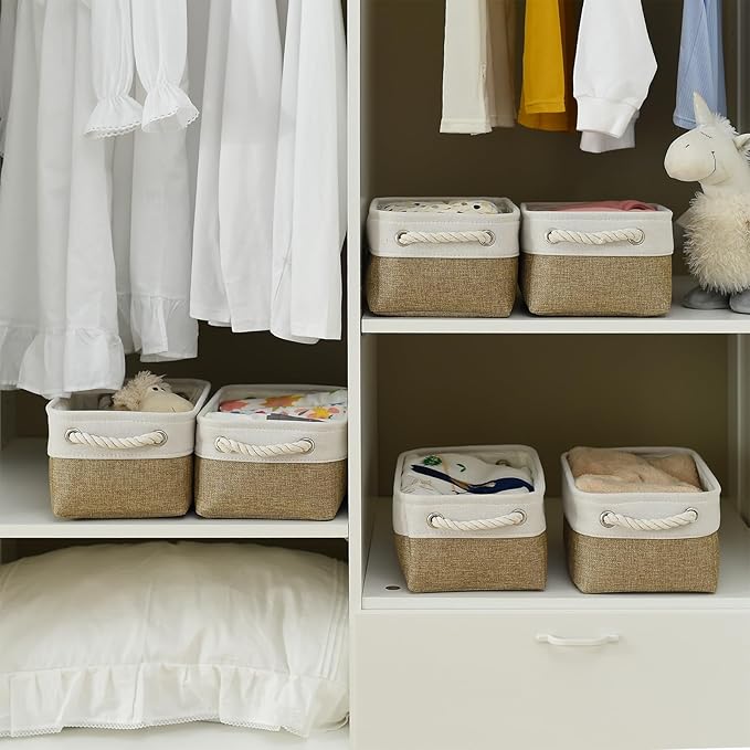 TheWarmHome Storage Basket for Organizing - 1 Pack 12x8x5.2 inch Baskets for Gifts Empty with Handles, Fabric Storage Cubes for Organizer Closet Dog Gift Cloth Toy (Whiet & Khaki)-Ruum Studio Home