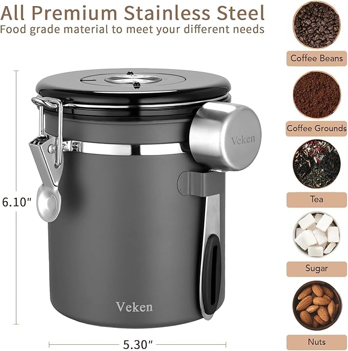 Veken Coffee Canister, Airtight Stainless Steel Kitchen Food Storage Container with Date Tracker and Scoop for Beans, Grounds, Tea, Flour, Cereal, Sugar, Cookies Jars, 16OZ Gray-Ruum Studio Home