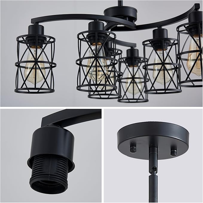 XINGQI Modern Black Chandelier 6-Light Pendant Lighting Fixture with Metal Shade 24" Height Adjustable for Dining Room Living Room Bedroom-Ruum Studio Home
