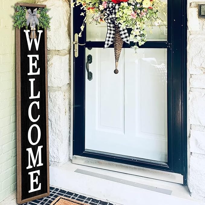 Surfapans Welcome Sign for Front porch Standing 45"X9"Large Wood Frame Outdoor Tall Welcome Signs Vertical Decor for Farmhouse Rustic Home Modern Outside Front Door Wall Decorations (Wood Black)-Ruum Studio Home