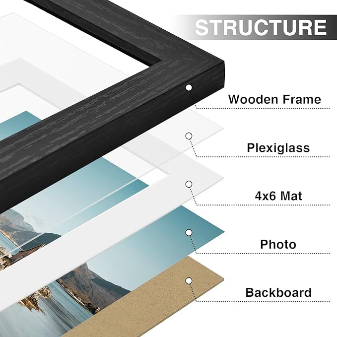 Vittanly 5x7 Picture Frames Set of 9, Shatter Resistant Plexiglass, Display 4x6 Pictures with Mat or 5x7 without Mat, Photo Frames for Wall or Tabletop, Engineered Wood, Black-Ruum Studio Home