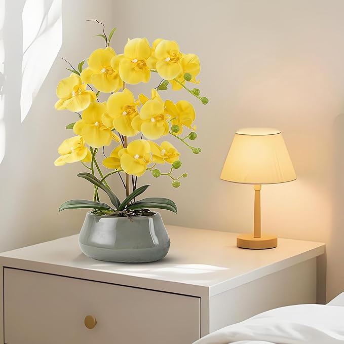 Orchid Artificial Flowers with Gray Vase Large Silk Faux Phalaenopsis Flowers for Dining Room Table Floral Centerpieces Indoor Decoration,Yellow-Ruum Studio Home