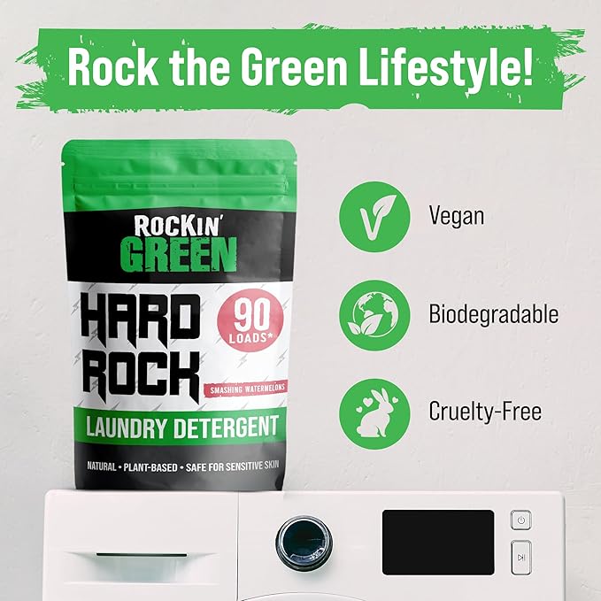 Rockin' Green Hard Rock Laundry Detergent for Hard Water (90 Loads), Plant based, Natural Laundry Detergent Powder, Biodegradable Odor Fighter, Safe for Sensitive Skin, 45 oz (Smashing Watermelons)-Ruum Studio Home