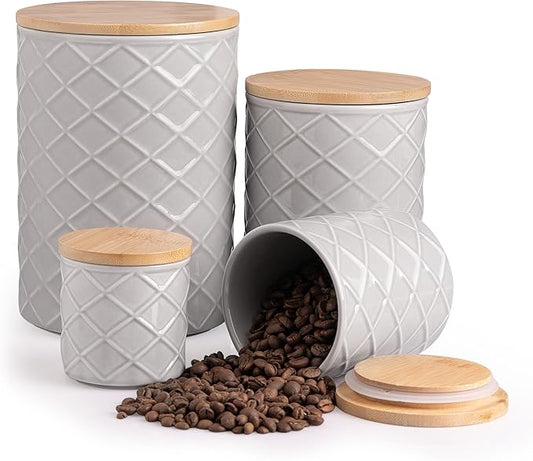 Sweejar Ceramic Canisters Sets for Kitchen Countertop, Relief Food Storage Jar with Bamboo Lid, Stackable Container for Flour, Coffee, Pasta, Cereal, Tea, Cookies, Sugar, Spices, Pack of 4 (Gray)-Ruum Studio Home
