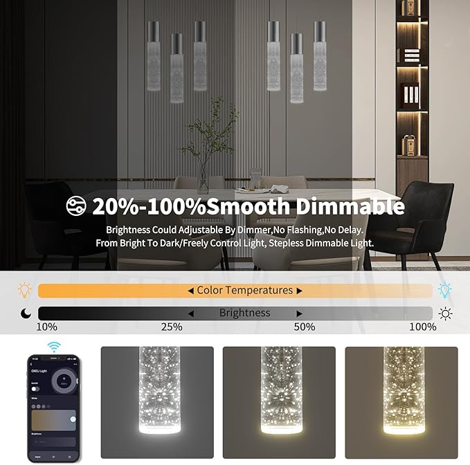 OKELI Smart Dimmable LED 3-Light Pendant Light for Kitchen Island, 18W 1350LM Modern Bubble Crystal Island Light Fixture with TUYA App & Voice Control, Adjustable 3000K-6000K, Electro-Chrome, Round-Ruum Studio Home