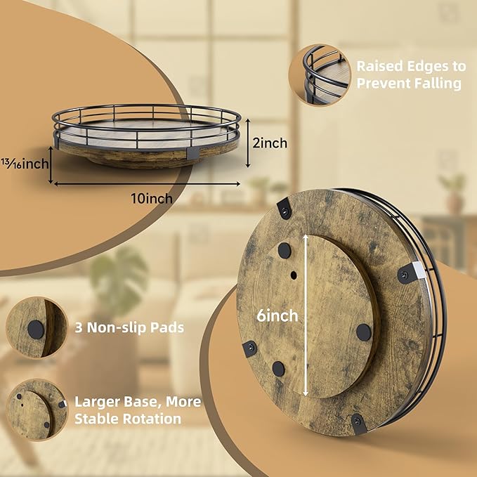 Lazy Susan Turntable Organizer for Table Top, 10’’ Round Wooden Lazy Susan for Cabinet Kitchen Countertop Pantry Dining Coffee Table for Condiments Spices, Rustic Bathroom Vanity Tray for Soap Candle-Ruum Studio Home