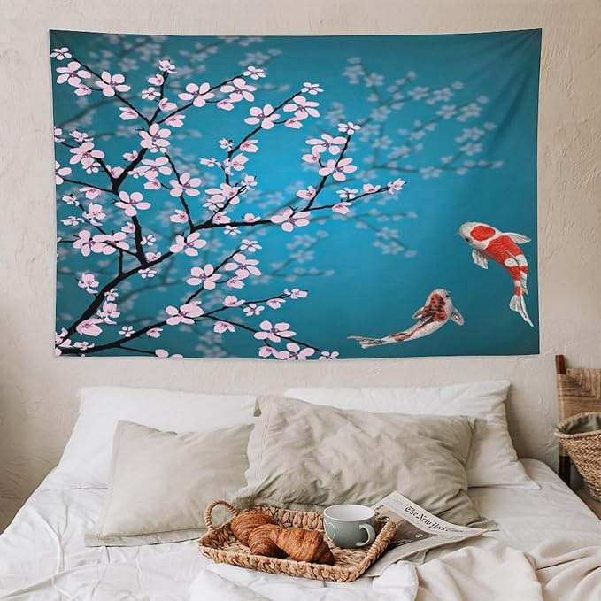 Houselerax Japanese Koi Fish Tapestry, Cherry Blossoms Asian Oriental Green Teal Flower Branch Koi Fish Carp Tapestries Wall Hanging for Bedroom Living Room Office Decor 90"x60"-Ruum Studio Home