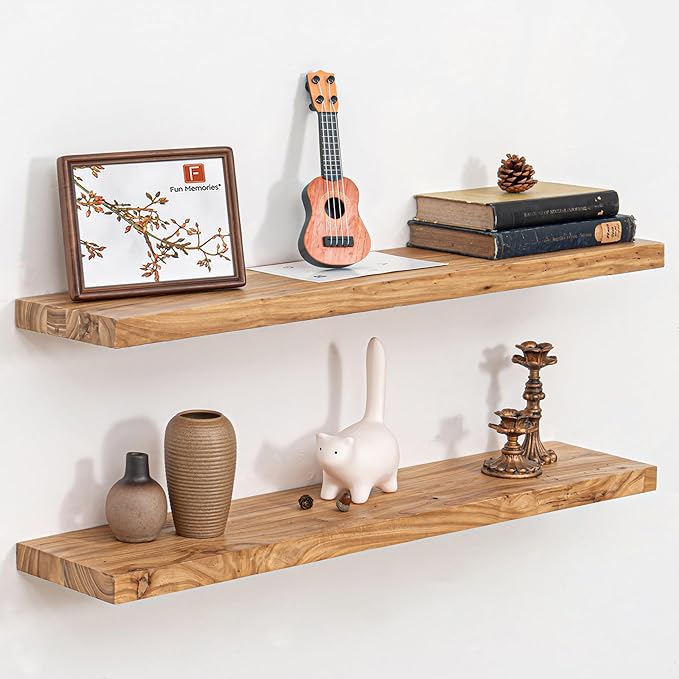 Fun Memories Solid Elm Wood Floating Shelves, 36 Inch Floating Shelves for Wall, Wall-Mounted Wooden Shelves with Invisible Heavy-Duty Brackets for Books, Bathroom, Kitchen, Natural, 2 Pack-Ruum Studio Home