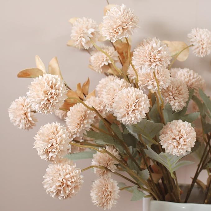 Beige Fake Flowers Silk 10 Stems With Eucalyptus, Faux Flowers For Vase, Artificial Mums Long Stem, Mini Faux Mums Flower Bulk, Tan Nude Cream Neutral Floral, Chrysanthemum Pom Pom Floral Arrangements-Ruum Studio Home