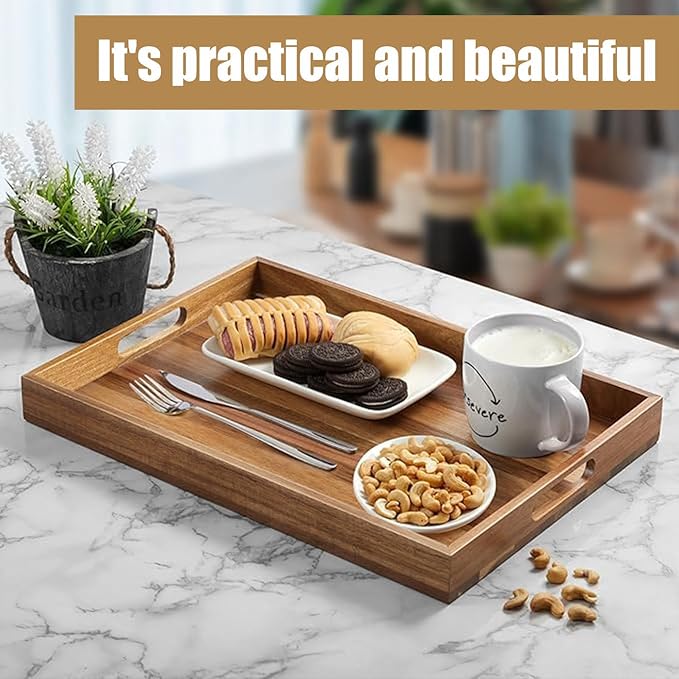 Acacia Wood Serving Tray with Handles - 17-Inch Large Wooden Tray for Ottoman - Perfect for Breakfast, Lunch, Dinner, Appetizers, Patio, Ottoman, Coffee Table,BBQ, Party – Great for Lap &Couch ﻿-Ruum Studio Home