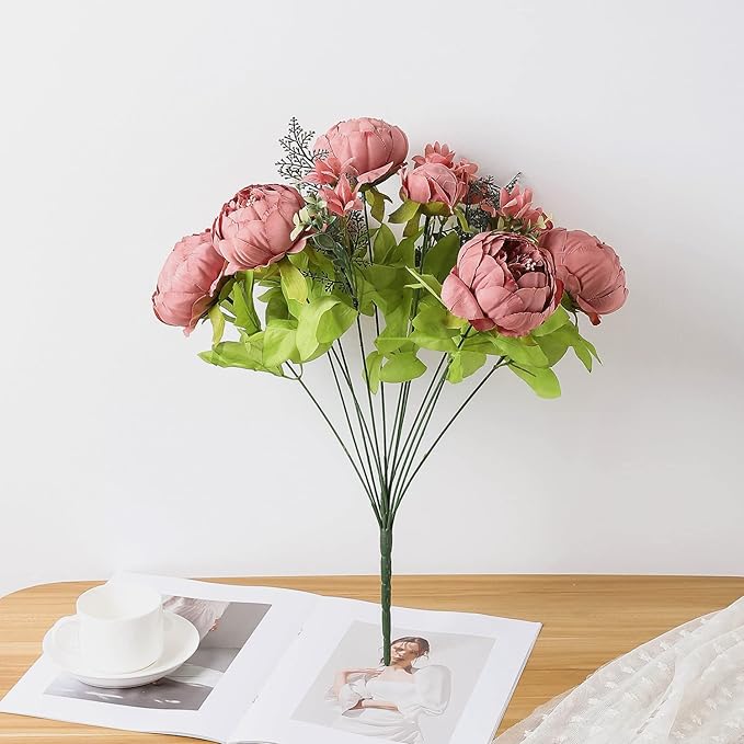 Duovlo Artificial Peony Silk Flowers Fake Flowers Vintage Wedding Home Decoration,Pack of 1 (Rosy Brown)-Ruum Studio Home