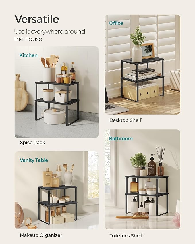 SONGMICS Cabinet Organizer Shelf, Set of 2 Kitchen Counter Shelves, Kitchen Storage, Spice Rack, Stackable, Expandable, Metal and Engineered Wood, Ink Black and Charcoal Black UKCS02B01-Ruum Studio Home