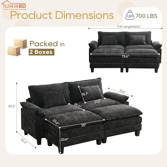 URRED Modular Sectional Sofa Comfy Cloud Couch, Modern Chenille Sofa Sleeper Deep Seat Couches with Ottoman/Pillows for Living Room (Black, 82.6''- 2 Ottomans)-Ruum Studio Home