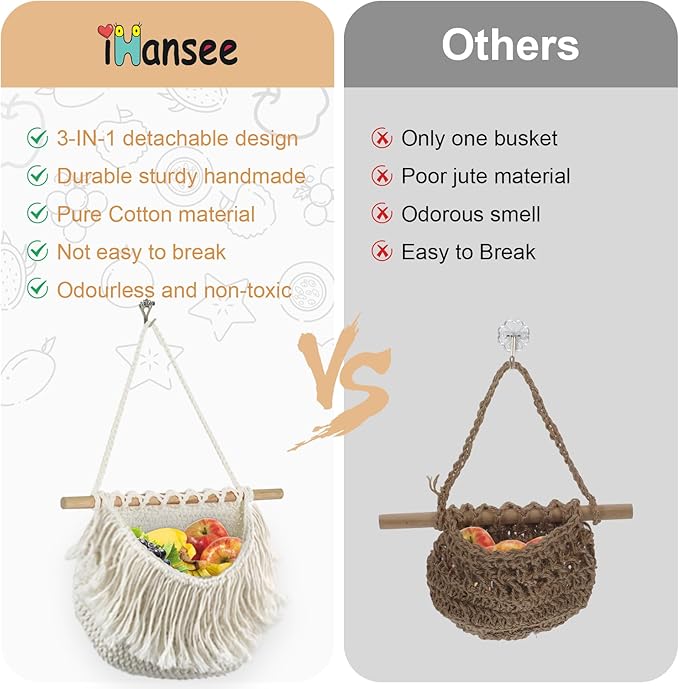 Hanging Baskets for Organizing, 3 Tier Detachable Wall Hanging Fruit Basket Over the Door Organizer for Fruit Vegetable Plant, Beige Boho Cotton Crocheted Fruit Holder for Kitchen Bathroom Bedroom-Ruum Studio Home