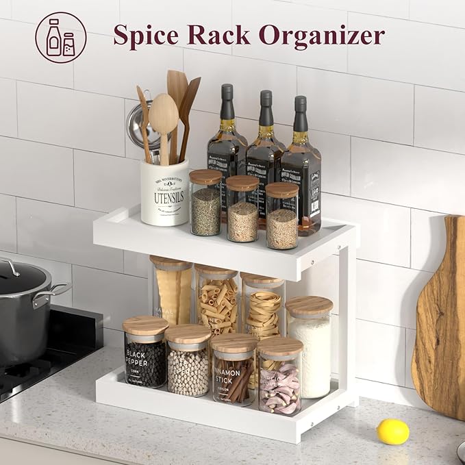 MARTY 2 Tier 15.75"x8.9" Large Countertop Shelf Organizer Spice Rack, Coffee Station Organizer for Mugs Cups, Wooden Shelf Desktop Storage Organizer for Kitchen Bathroom Home Office (White)-Ruum Studio Home