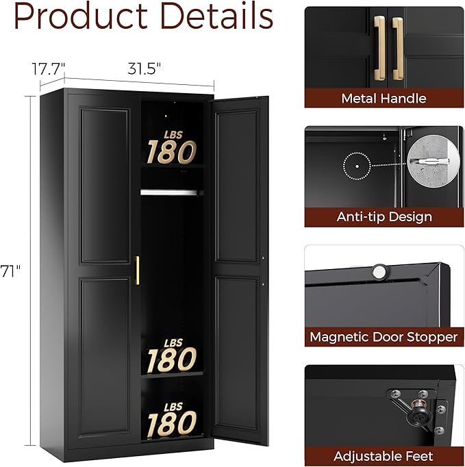 71" Metal Armoire Wardrobe Closet with 2 Doors, Tall Wardrobe Cabinet with Hanging Rod and Adjustable Shelves, Black Clothing Storage Cabinets for Bedroom, Laundry Room, Home Office-Ruum Studio Home