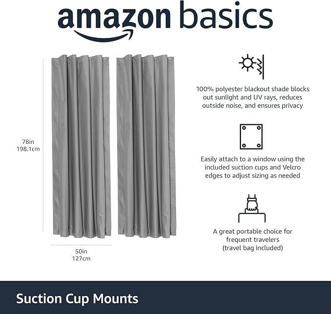 Amazon Basics Portable Blackout Curtain Shade with Suction Cups, 50"W x 78"L, 2-Pack, Dark Grey-Ruum Studio Home
