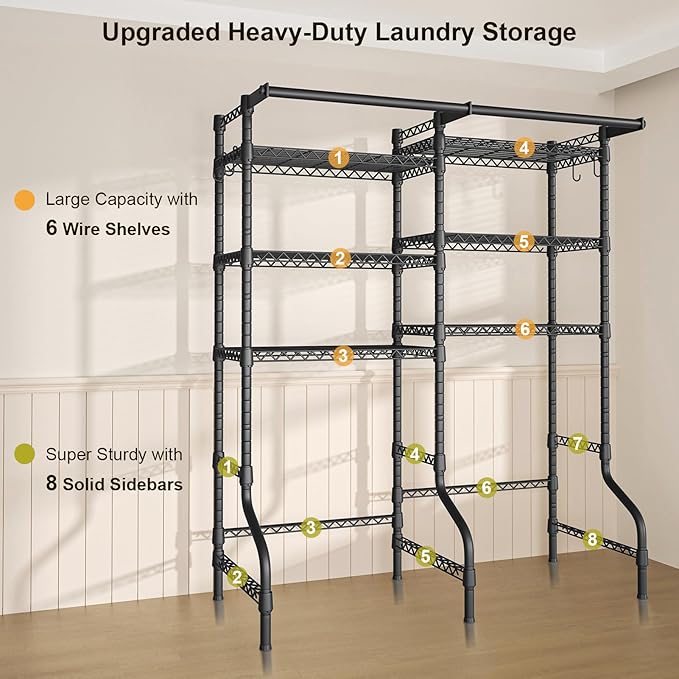 Ulif U13 Medium Over Washer and Dryer Storage Shelves, 6 Tiers Laundry Room Standing Shelf with 2 Hanger Rods, Space Saver Clothes Drying Rack, 57.8" W x 22" D x 77.4" H, Black-Ruum Studio Home