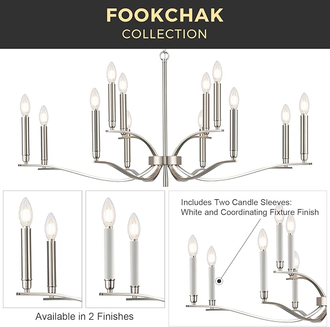 12 Light Nickel Living Room Chandelier High Ceiling Foyer Candle Chandelier Large Modern 44in Metal Chandeliers Hanging Light for Master Bedroom Dining Room Light Fixture Over Table-Ruum Studio Home