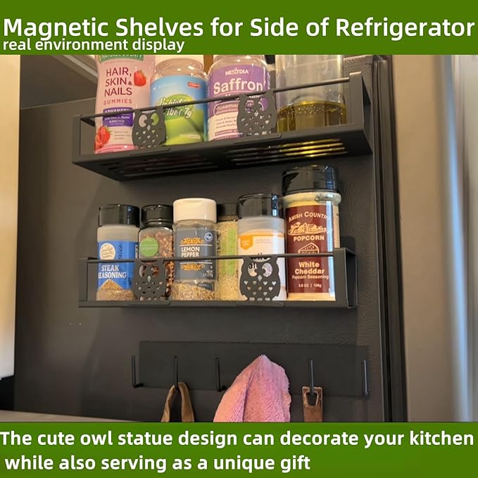 3 Pack Moveable No Drilling Heavy Magnet Spice Rack for Refrigerator Organizers and Storage,Space Saving Kitchen Organization with Magnetic Hooks,Owl Kitchen & Home Decor(Black)-Ruum Studio Home
