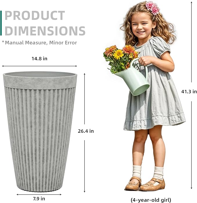 20" Resin Tall Planters for Outdoor Plants, Set of 2 Vintage Gray Large Flower Pots with Handmade Fluted Texture, Heavy-Duty and Weather-Resistant for Year Round Indoor Outdoor use-Ruum Studio Home