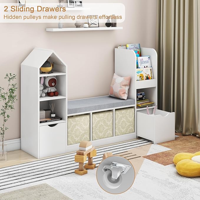 Vabches Kids Bookcase and Bookshelf with Reading Nook, Multifunctional Bookcase with 7 Storage Cubbies 2 Movable Drawers, Bookcases with Seat Cushion for Toy Storage Organizer Children's Room, Bedroom-Ruum Studio Home