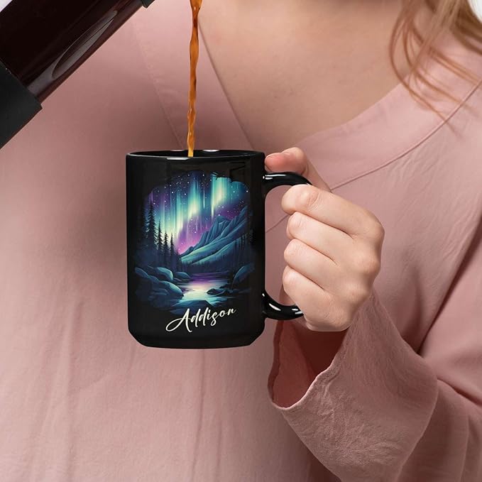 Customized Name Coffee Cup 11oz 15oz, Personalized Northern Lights Landscape Mug, Scenic Mountain And River Black Cup, Custom Northern Lights Inspired Ceramic Mug, Gift For Women-Ruum Studio Home