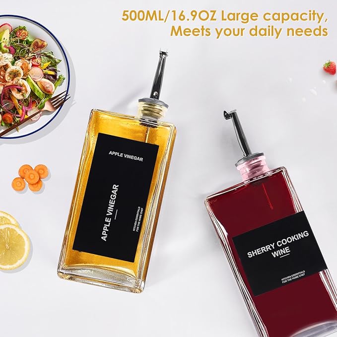 OKYUK Olive Oil Dispenser Bottle for Kitchen Cooking, 16.9oz/500ml Soy Sauce Coffee Syrup Oil and Vinegar Dispenser Set, with Silicone Funnel, Labels (3PCS, Black)