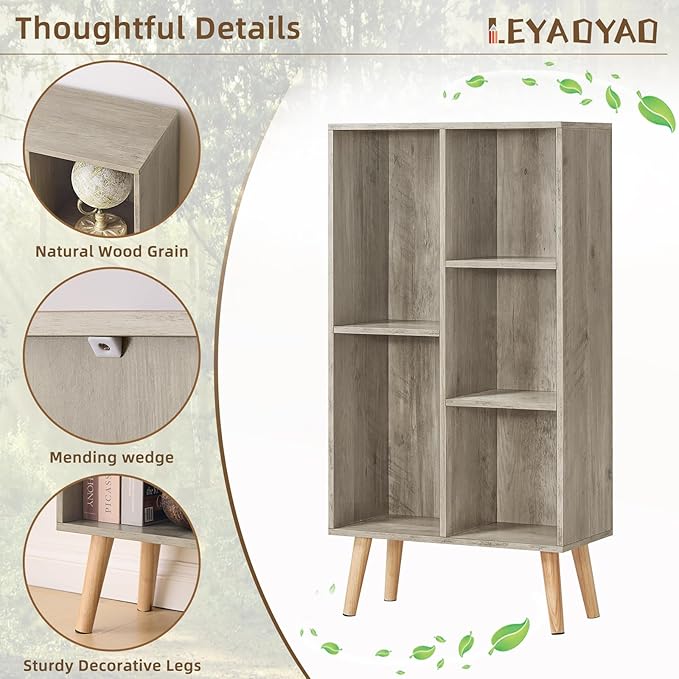 5 Cube Small Bookshelf,3 Tier Mid-Century Modern Bookcase with Legs,Wood Bookshelves Storage Organizer Shelf,Free Standing Narrow Book Shelves,Rustic Grey Corner Bookcases for Bedroom,Living Room-Ruum Studio Home