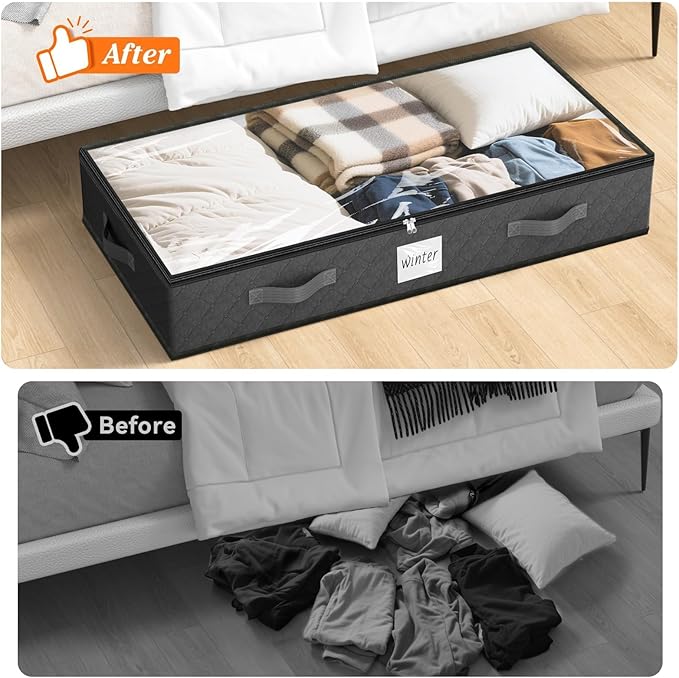 SpaceWhisper 90L Under Bed Storage Containers, 8-Pack Storage Bins with Clear Top, Foldable Closet Organizers and Storage with Label Holder for Clothing, Blankets, Comforter & Pillows (Grey)-Ruum Studio Home