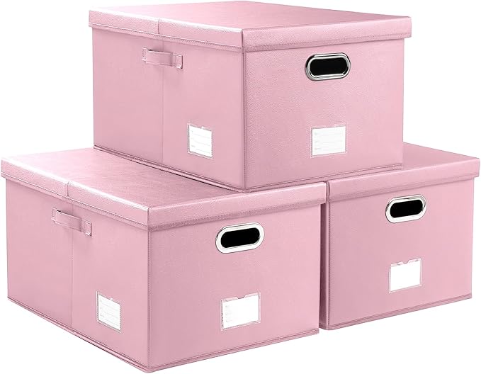 PRANDOM Collapsible Storage Box with Lid [3-Pack] Leather Fabric Foldable Storage Bin Organizer Container Basket Cube with Cover for Home Bedroom Closet Office Nursery Pink(22.8X15.7X11.8)-Ruum Studio Home
