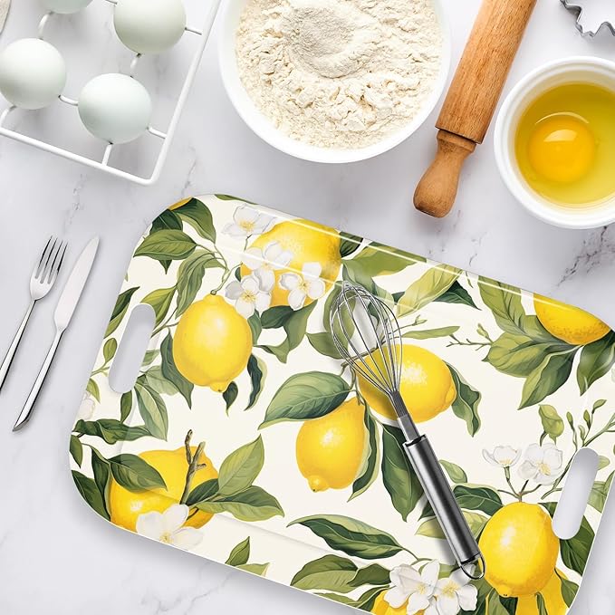 Serving Trays with Handles, 14.5 x 9.8 inch Rectangular Plastic Tray for Restaurant, Kitchen, Lemon and Lemon-Ruum Studio Home