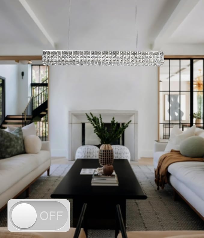 Modern Crystal Chandelier Silver Rectangular Crystal Chandelier Contemporary Linear Pendant Ceiling Light Fixture for Living Dining Room Kitchen Island (L 40")-Ruum Studio Home