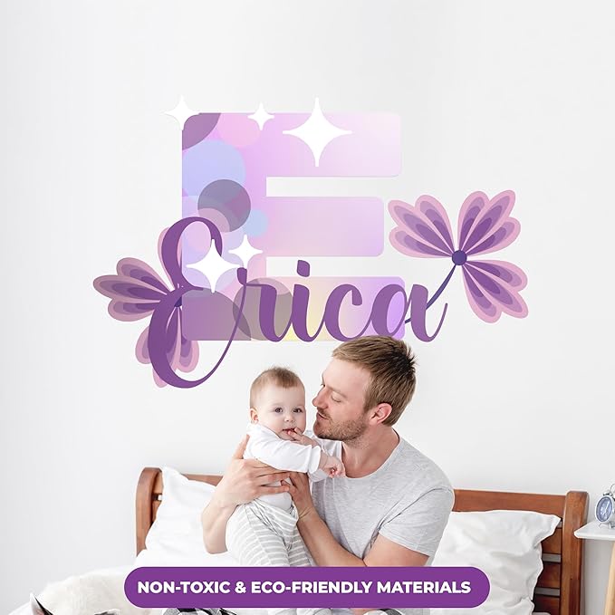 CRYPTONITE Custom Stickers Name Wall Decor with Purple Flower | Custom Name & Initial for Purple Wall Decor | Flower Wall Decals for Bedroom Decor I Custom Decal for Baby Girl Nursery Decor(E. Floral)-Ruum Studio Home
