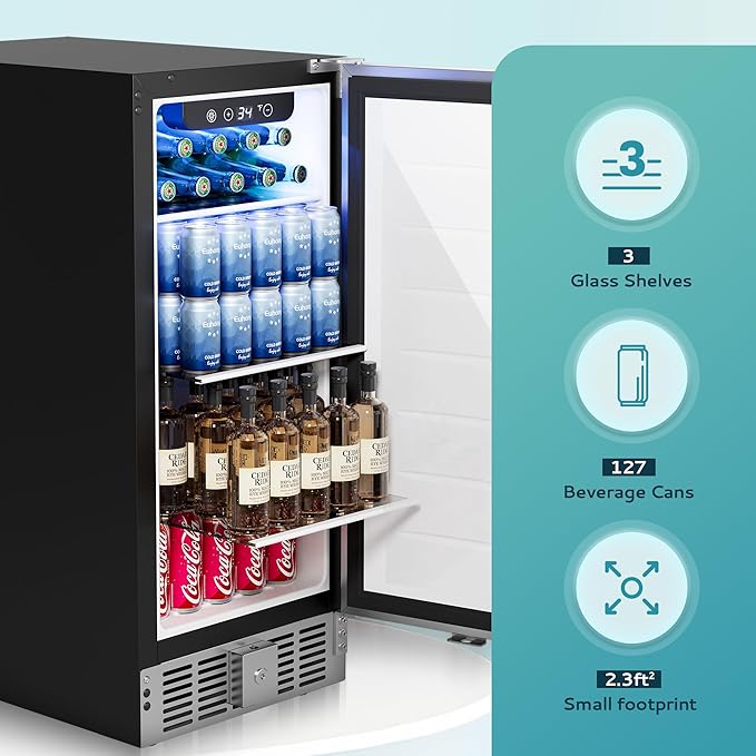 EUHOMY Beverage Refrigerator 15 Inch, Under Counter 127 Can Beverage Fridge with Stainless Steel Door, Beverage Cooler Built-in and Undercounter Drink Fridge - Soda Cola-Ruum Studio Home
