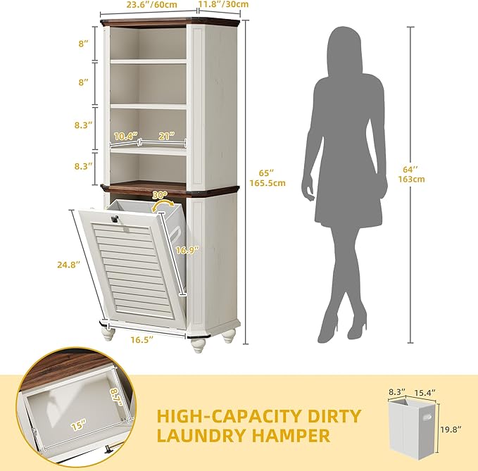 DWVO Tilt Out Laundry Hamper, Farmhouse 4-Tier Storage Cabinet with Removable Laundry Basket, Laundry Hamper Organizer with 2 Adjustable Shelves for Laundry Room, Bathroom, White-Ruum Studio Home