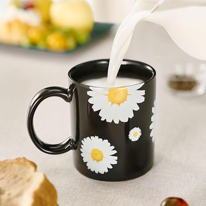 12Oz Daisy floral Black Ceramic Mug, Mug for Daily Coffee and Tea, Lead-free Microwave and Dishwasher Safe Coffee Mug, Perfect gifts for Women and men-Ruum Studio Home