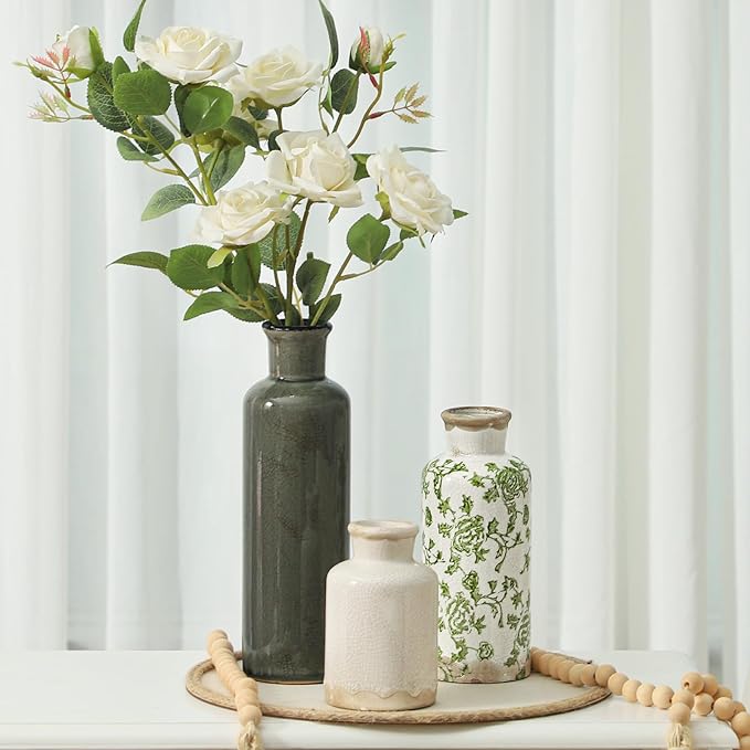 Vintage Vase Set of 3, Ceramic Vintage Flower Vases, Chinoiserie Decorative Home Decor Retro Floral Vase Rustic Farmhouse Decor for Table Bookshelf Mantel Kitchen Living Room Office - Green and Beige-Ruum Studio Home