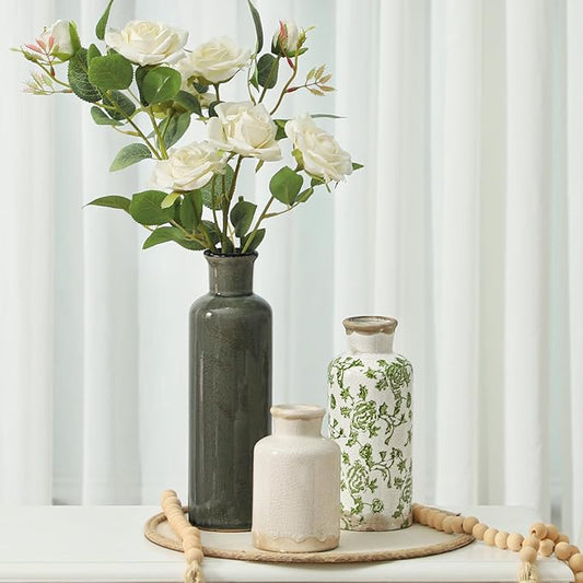 Vintage Vase Set of 3, Ceramic Vintage Flower Vases, Chinoiserie Decorative Home Decor Retro Floral Vase Rustic Farmhouse Decor for Table Bookshelf Mantel Kitchen Living Room Office - Green and Beige-Ruum Studio Home