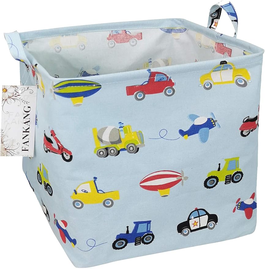 FANKANG Square Nursery Hamper Storage Bins Canvas Laundry Basket Foldable with Waterproof PE Coating Storage Baskets Gift Baskets for Children, Office, Bedroom, Clothes（Square-Car ）-Ruum Studio Home