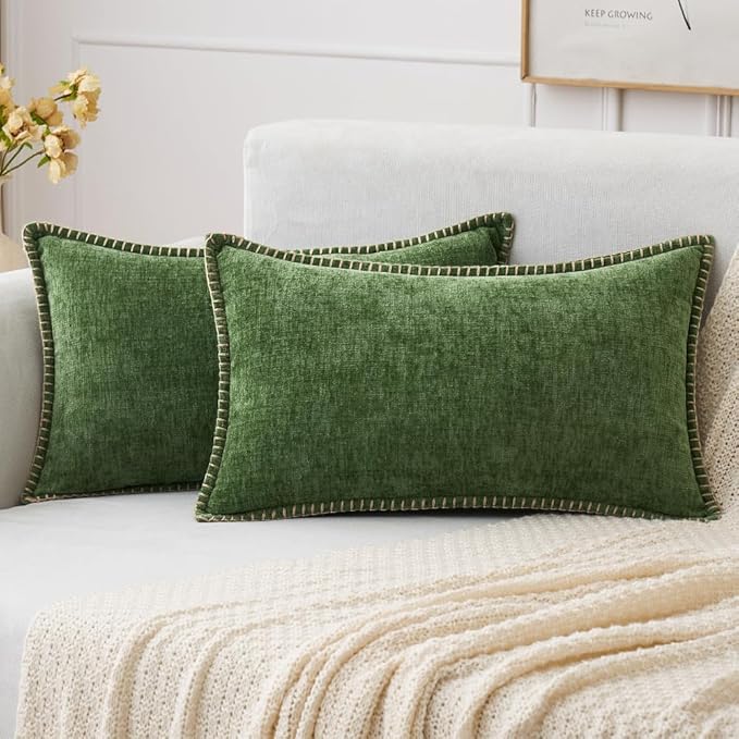 MIULEE Pack of 2 Christmas Pillow Covers 12x20 Inch Moss Green Farmhouse Decorative Throw Pillow Covers with Stitched Edge Soft Chenille Solid Dyed Couch Pillow Covers for Sofa Bed Living Room-Ruum Studio Home