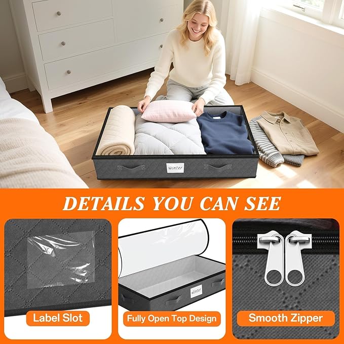 SpaceWhisper 90L Under Bed Storage Containers, 6-Pack Storage Bins with Clear Top, Foldable Closet Organizers and Storage with Label Holder for Clothing, Blankets, Comforter & Pillows (Grey)-Ruum Studio Home