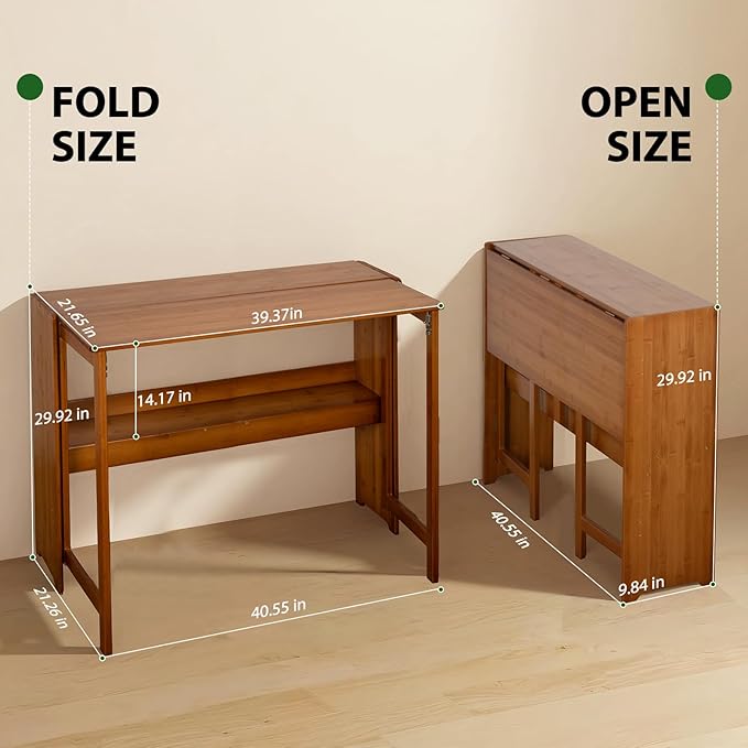 39.37" Bamboo Folding Desk,Space-Saving Computer Desk for Small Spaces, Foldable Study Table for Bedroom, Home Office, Dorm, Apartment (Brown)-Ruum Studio Home
