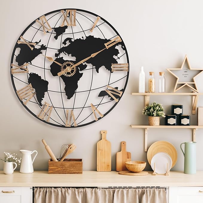 24 Inch Large Wall Clock for Living Room Decor,Big Modern Decorative Silent World Map Metal Wall Clock with Vintage Gold Roman Numeral for Office,Living Room,Kitchen,Dining Room-Ruum Studio Home