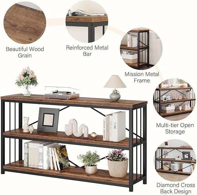 LVB Industrial Console Entryway Table, Metal Wood Rustic Sofa Table with Storage, Farmhouse 3 Tier Shelf Long Hallway Foyer Entry Tables Behind Couch for Home Living Room Entryway, Rustic Brown, 55 In-Ruum Studio Home