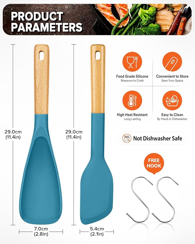 Cooking Spoon and Scraper for Nonstick Cookwares, Great for Cooking and Serving Durable BPA-Free Matte Silicone, Wood Handle Multifunction Spoon for Mixing, Scoop, and Scrape (BLUE)-Ruum Studio Home