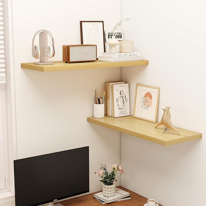 36" Floating Shelves for Wall, 12" Deep Slim Oak Floating Shelves, Wall-Mounted Shelves for Bedroom, Living Room, Kitchen, Bathroom - Set of 2-Ruum Studio Home