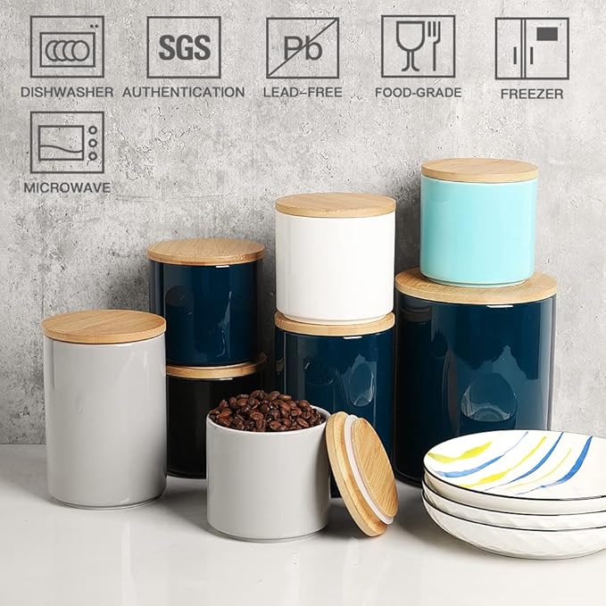 Sweejar Ceramic Kitchen Canister Sets, Porcelain Container for Countertop, Heavy Food Storage Jars with Airthight Seal Bamboo Lid, Servering for Sugar, Coffee Beans, Tea Leaves, Pack of 4（Gray）-Ruum Studio Home