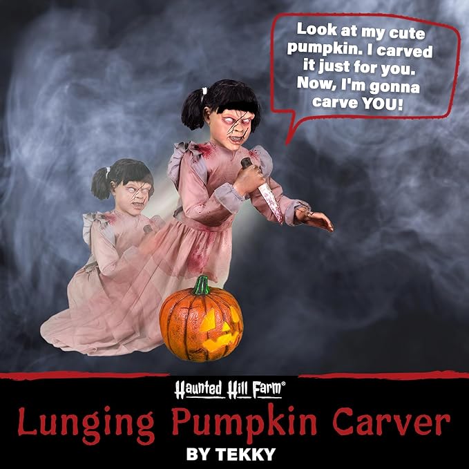 Haunted Hill Farm Lunging Pumpkin Carver Zombie Girl by Tekky, Motion-Activated Talking Halloween Animatronic for Indoor or Covered Outdoor Creepy Halloween Decorations, Plug-in or Battery Operated-Ruum Studio Home