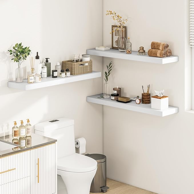 White Floating Shelves for Wall, 36 Inch X 12 Deep Shelves for Room Wall Mounted，2" Thick Heavy Duty Holds 65lbs Floating Shelf for Bedroom Bathroom Kitchen Laundry Room, Set of 2-Ruum Studio Home